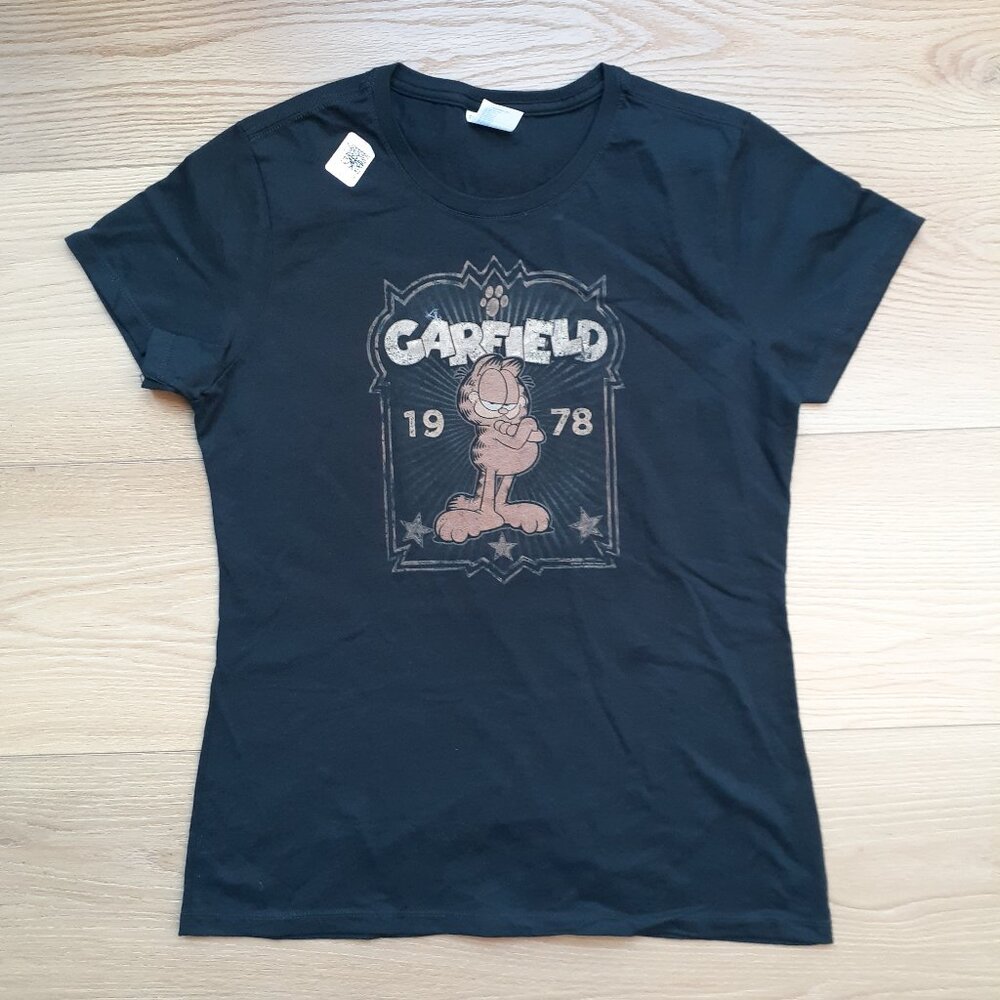 Garfield Est. 1978 - Distressed Vintage Logo - New Women's Small Black T-Shirt